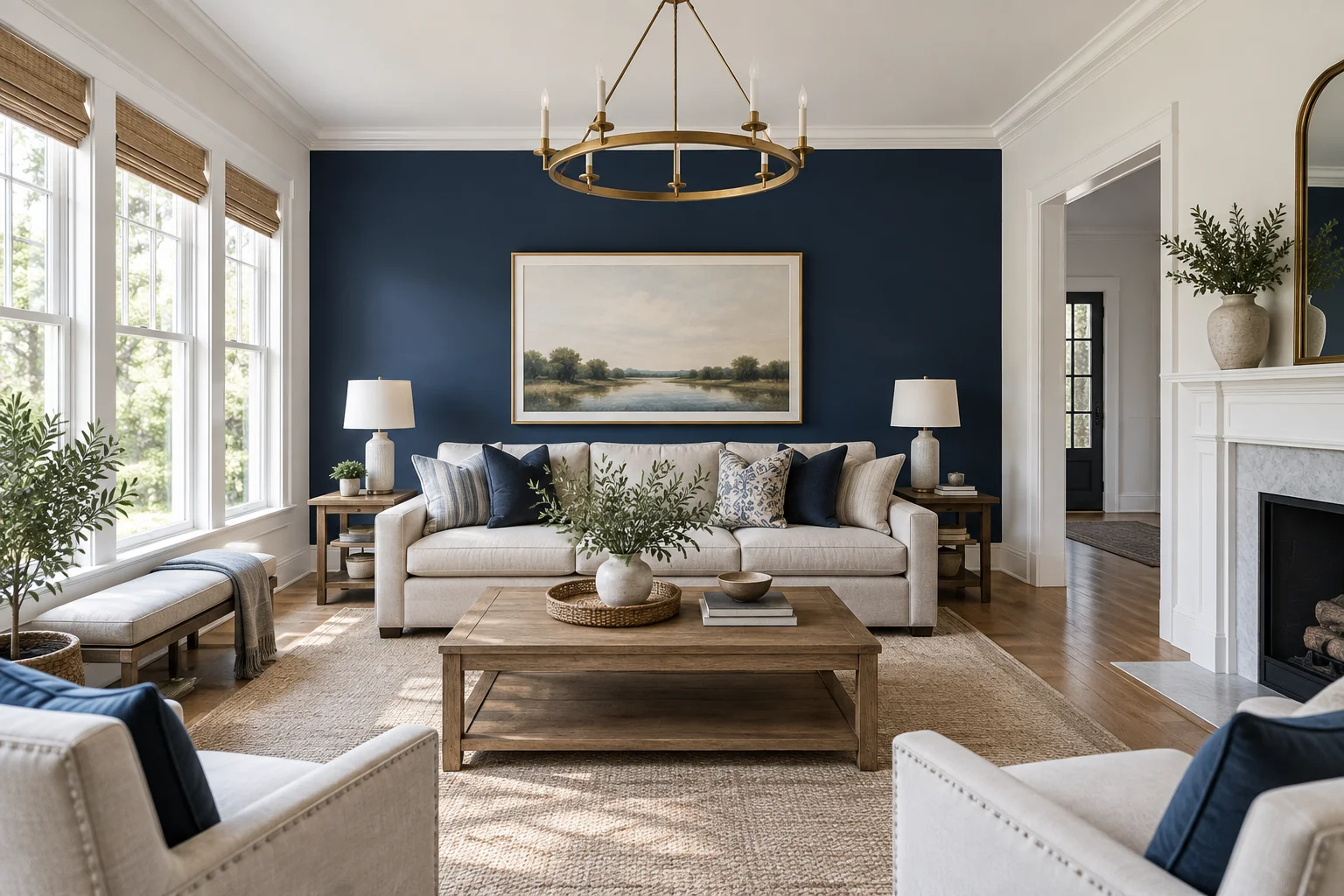 Representative interior with deep navy walls, crisp white trim and oak flooring